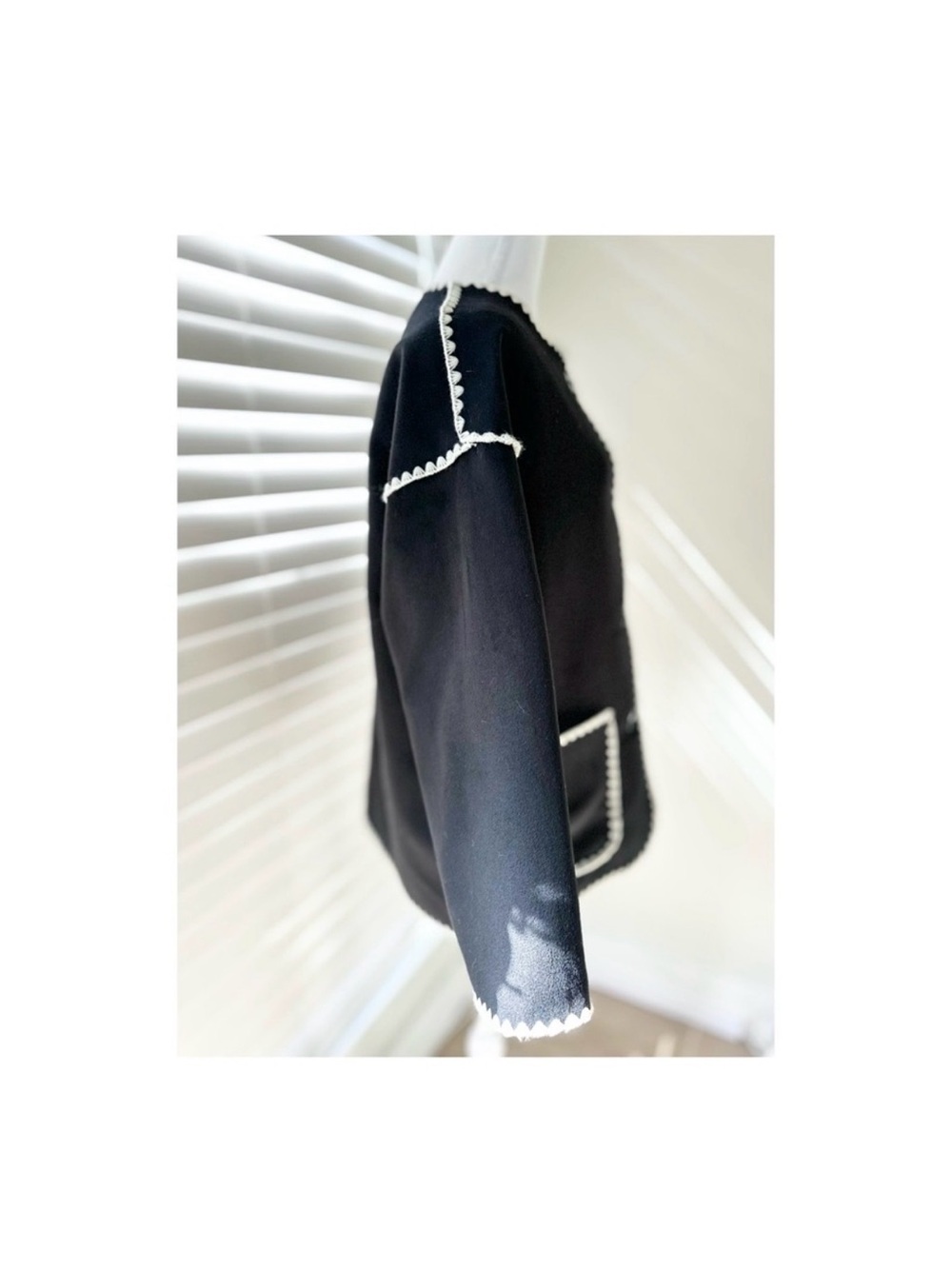 Commense Black Pea Coat with White Trim and Fringe - Picture 4 of 7